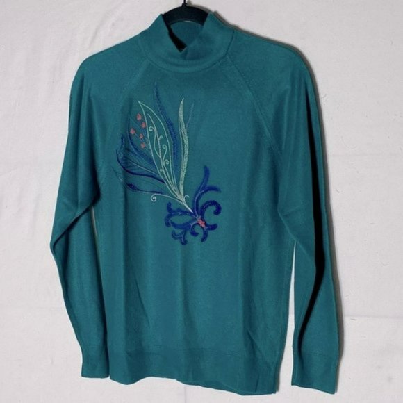 VINTAGE St Michael Green Embroidered Mock  Neck Sweater M - Picture 2 of 11